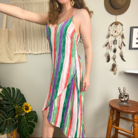 Lulu's Brushstroke of Luck Green Purple Red Pink Watercolor Midi Dress Medium - Picture 14 of 15